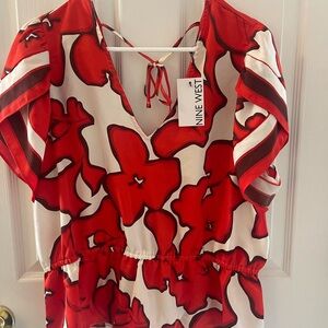 Nine West Bold Red and White Floral Blouse